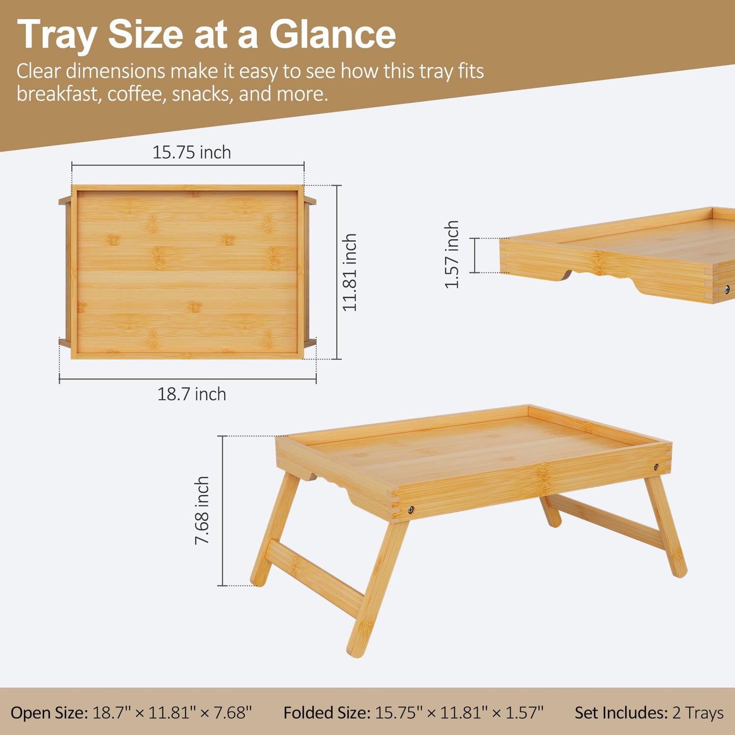 Breakfast Tray with Folding Legs Set of 2, Bamboo Bed Tray Table 15.7" Foldable TV Dinner Tray with Ergonomic Wave Handles for Bed Couch Sofa, Breakfast, Snacks, Coffee, Natural