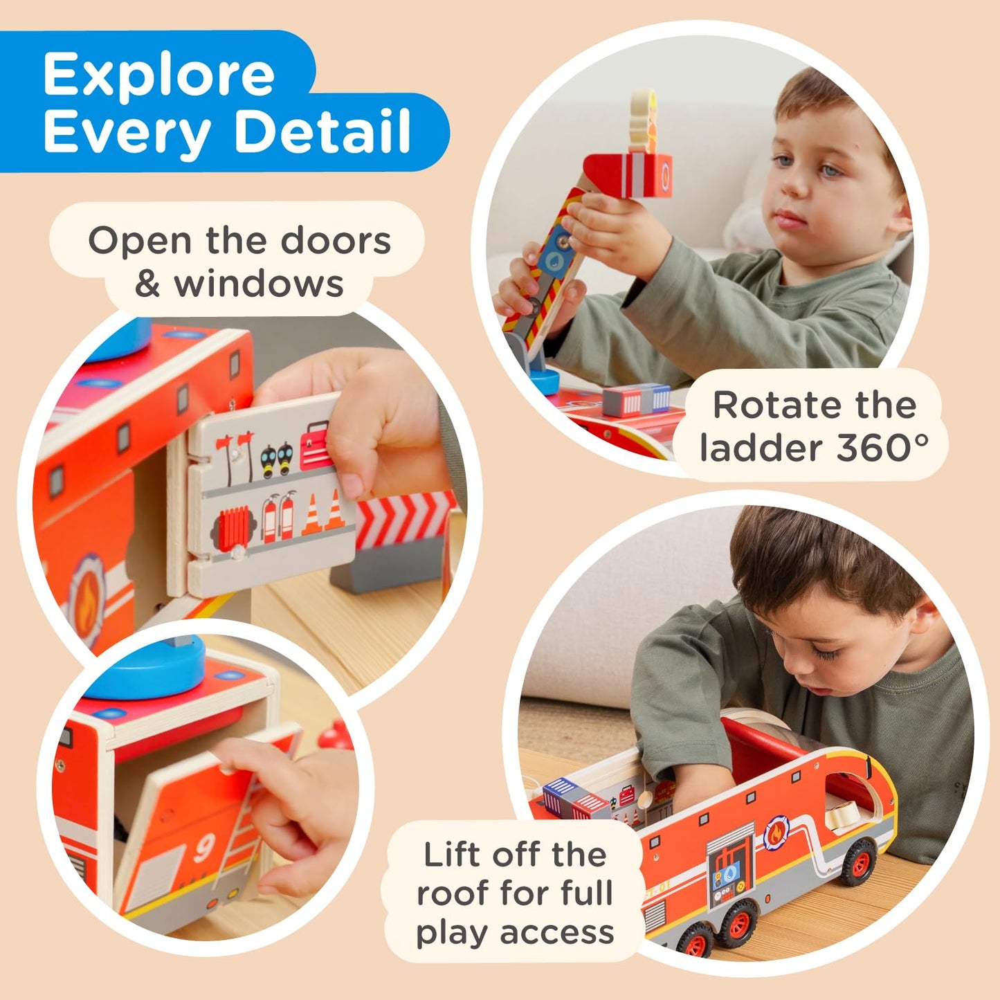 Nene Toys Wooden Fire Truck Toy Set – FSC Fire Engine with Rotating Ladder, Magnetic Hose, Hydrant, 3 Firefighters, Dalmatian & Accessories – Durable Wood Truck Toy for Kids 2+
