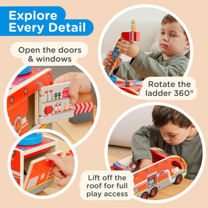 Nene Toys Wooden Fire Truck Toy Set – FSC Fire Engine with Rotating Ladder, Magnetic Hose, Hydrant, 3 Firefighters, Dalmatian & Accessories – Durable Wood Truck Toy for Kids 2+