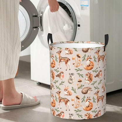 Forest Little Animal Laundry Hamper Bag, Deer Squirrel Hedgehog Fox Round