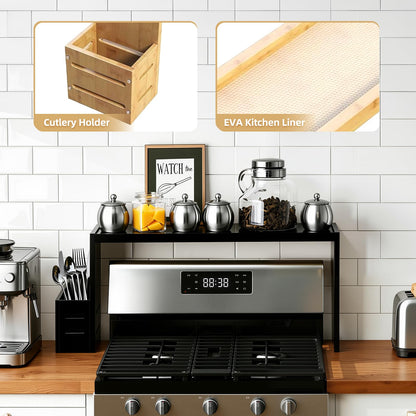 AODANC Over The Stove Shelf Wooden,Bamboo Spice Rack for Above the Kitchen Hob,31.5-inch Spice Storage Rack,Height-Adjustable, 50-pound Weight Capacity, Easy to Assemble (Black)