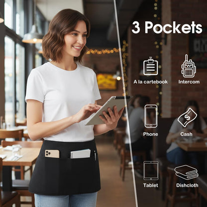 BOHARERS Cotton Server Aprons 3 Pack Waiter Waitress Apron Short Apron with Pockets Restaurant BBQ 12 Inch Black