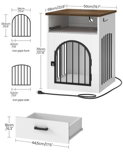 CHOEZON Dog Crate Furniture, Wooden Dog House with Charging Station and Storage Drawer, Indoor Pet Crate End Table for Small Breeds, Dog Kennel for Living Room, Bedroom, White and Walnut MGW01UWL