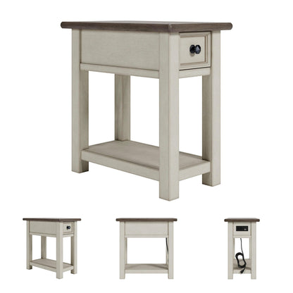 Signature Design by Ashley Bolanburg Chairside End Table With Charging Station, Two-Tone Wood Accent Table With Drawer Storage, Plank Top Design for Living Room or Bedroom, Antique White
