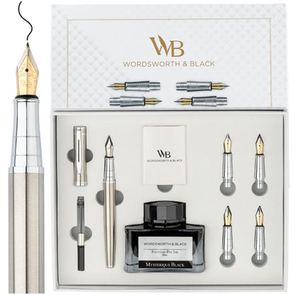 Wordsworth & Black Fountain Pen Gift Set, Includes Ink Bottle, 6 Ink Cartridges & A Refill Converter, 4 Replacement Nibs, Premium Package, Journaling, Calligraphy, Smooth Writing Pens [Silver Chrome]