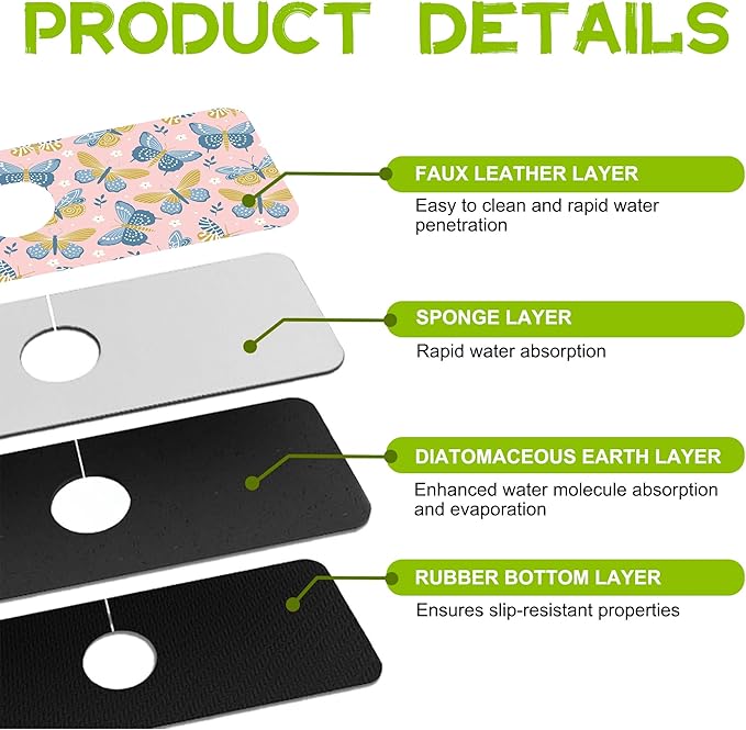 Butterflies and Chamomile Kitchen Sink Splash Guard Faucet Mat Super Absorbent