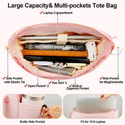 Veirdro Work Laptop Tote Bag for Women with Insulated Lunch Compartment, Lightweight Puffy Lunch Tote Bag with 15.6 Inch Laptop Compartment, Quilted Laptop Bags for Office Commuter Teacher Nurse Pink