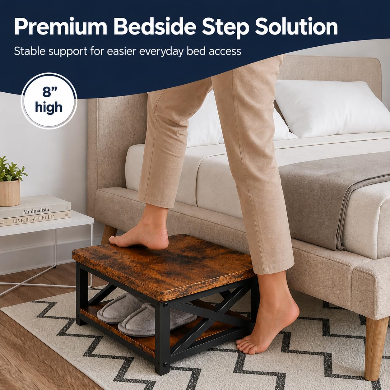 Wooden Step Stool for Adults – 8” Bed Step Stool with Storage Shelf, Anti-Slip Feet, Heavy-Duty Steel Frame, 500 lb Capacity – Rustic Brown