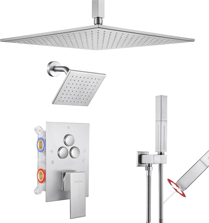 VANFOXLE Shower Faucet Set Brushed Nickel Shower System, Push Button Diverter Shower Faucet with Trim Kit, Ceiling Mount 12 Inch Shower Head Increased Thick, 6 Inch Side Shower Head, 2-in-1 Handheld