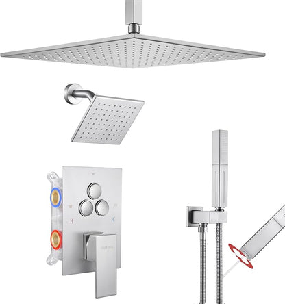 VANFOXLE Shower Faucet Set Brushed Nickel Shower System, Push Button Diverter Shower Faucet with Trim Kit, Ceiling Mount 12 Inch Shower Head Increased Thick, 6 Inch Side Shower Head, 2-in-1 Handheld