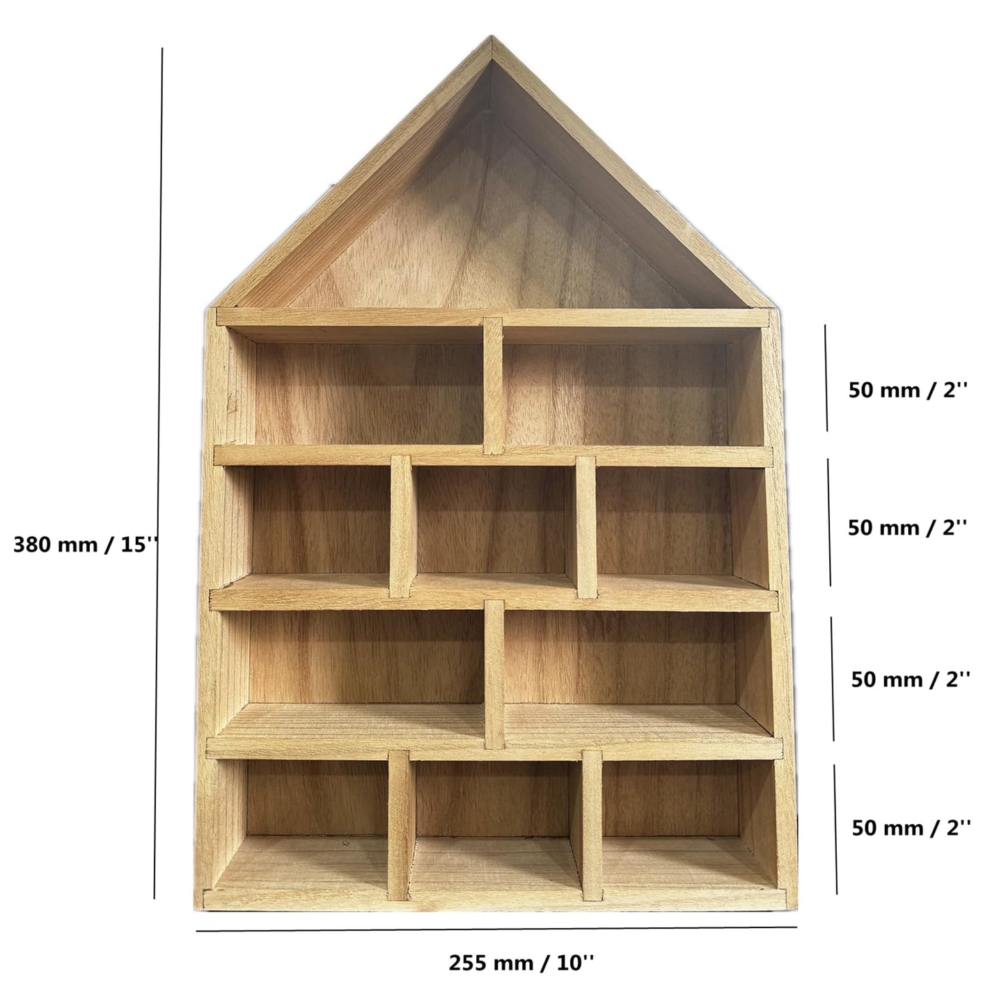 TANG SONG 1 PC 11-Slot Wooden House-Shaped Mini Figures Cubby Box Display Shelf Organizer Storage Box (Light Brown)