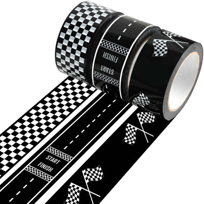 3 Rolls Black White Checkerboard Road Car Track Tape Checkered Flag Race Track Decorative Tapes for Box Scrapbook DIY Crafts Party Decorations,2Inches x 109Yards