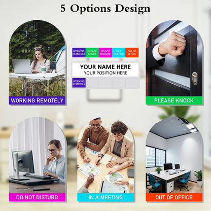 Office Status Sign With 5 Options, Do Not Disturb/Please Knock/In A Meeting/Out of Office/Working Remotely, Magnetic Slider Sign for Any Room,Name Plate For Desk/Doors/Cubicle Wall With Stand-Silver
