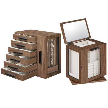 HOOBRO Jewelry Box for Women, Jewelry Organizer Box, 6-Tier Wooden Jewelry Box and 360° Rotating Jewelry Box with Mirror, Jewelry Organizer with 4 Drawers Bundle, BH12JB04-BH31JB04
