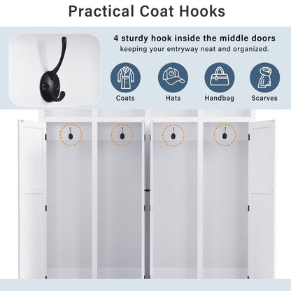 Merax Farmhouse Hall Tree with Bench and Cabinet, 4-in-1 Entryway Storage Organizer with Rack, Shoe Storage and Hooks for Mudroom, Living Room, Bedroom, White
