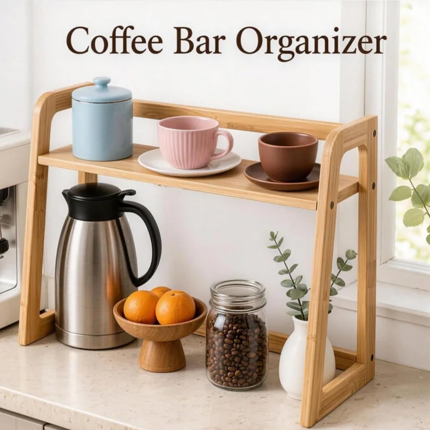 Ciuwuuhe 2-Tier Bamboo Matcha Station, Coffee Station Organizer, Open Counter Storage Shelf for Syrup Bottles and Coffee Essentials