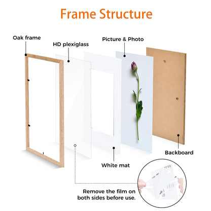 Atryinous 8x10 Picture Frame Set of 6 Solid Oak Wood Photo Frames with Plexiglass Display Picture 5x7 with mat or 8 x 10 without mat Tabletop or Wall Hanging Collage Gallery Wall Decor