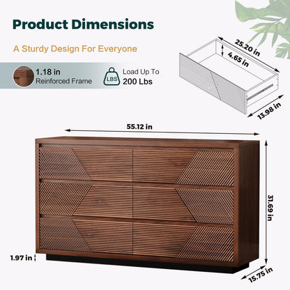 Ieejdn 55.12" Modern Chest of Drawer, 6 Deep Drawers,Clothes Organizer,Large Storage Cabinet for Living Room, Bedroom,Dresser TV Stand, Wood Drawer Organizer for Living Room, Hallway, Umber