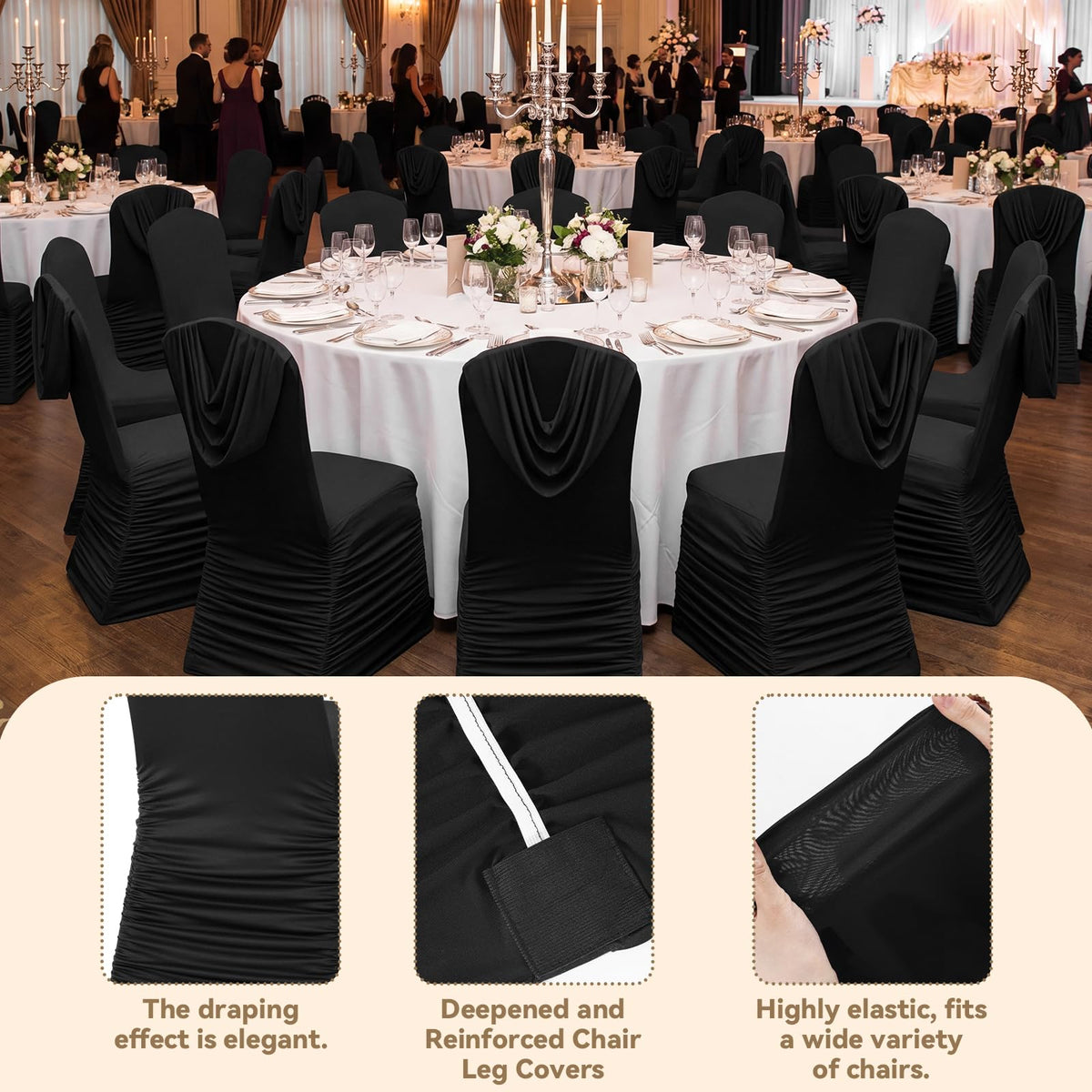 Fanfanwin 4 Pcs Black Chair Covers Ruched Swag Back Stretch Spandex Fitted Banquet Chair Covers with Foot Pockets for Wedding & Event Decor