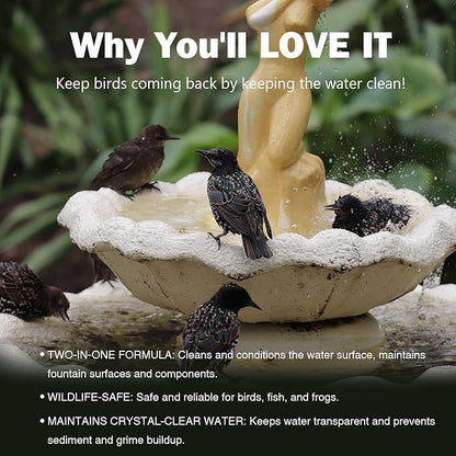 Bird Bath Cleaner, Bird Bath Fountains Clarifier, Liquid Birdbath and Fountain Maintenance, Promotes Clean & Clear Water - Natural Formula, Prevents Stains & Cloudiness - 7 Oz