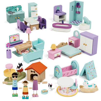 Lehoo Castle Wooden Dollhouse Furniture Set 39 Pcs with 5 Rooms, Family Dolls & Pets, All-Wooden Doll House Accessories and Furniture, Pretend Play Dollhouse Accessories Toy Gift for Kids 3+