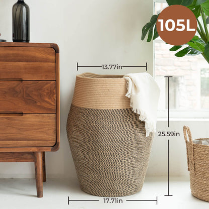 Goodpick 80L Jute Woven Rope Laundry Hamper - Collapsible Clothes Hamper for Bedroom and Laundry Room, 25.6" x 17.7" Tall Modern Baskets for organizing and décor Room