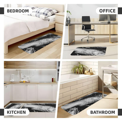 Sovvin White and Black Marble Texture Kitchen Rugs Microfiber Floor Mats Marbling Cushioned Carpet Runner Rug for Laundry Bathroom Living Room, 2 Piece Set 17"X 47" + 17"X 30"