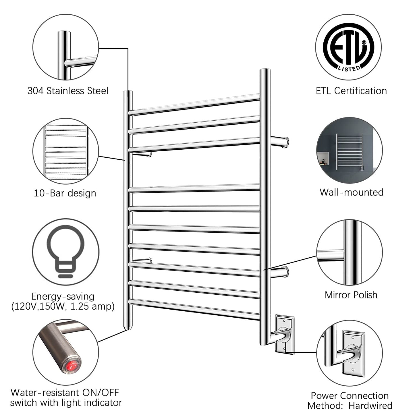 HEATGENE Towel Warmer Wall-Mounted Hardwired Heated Towel Rack Hot Towel Bar Brushed