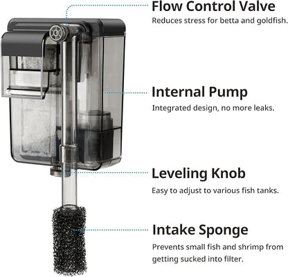 NICREW Slim Aquarium Filter, Quiet Fish Tank HOB Filters for up to 5 Gallon Aquariums, Adjustable Flow, 42 GPH, 3W
