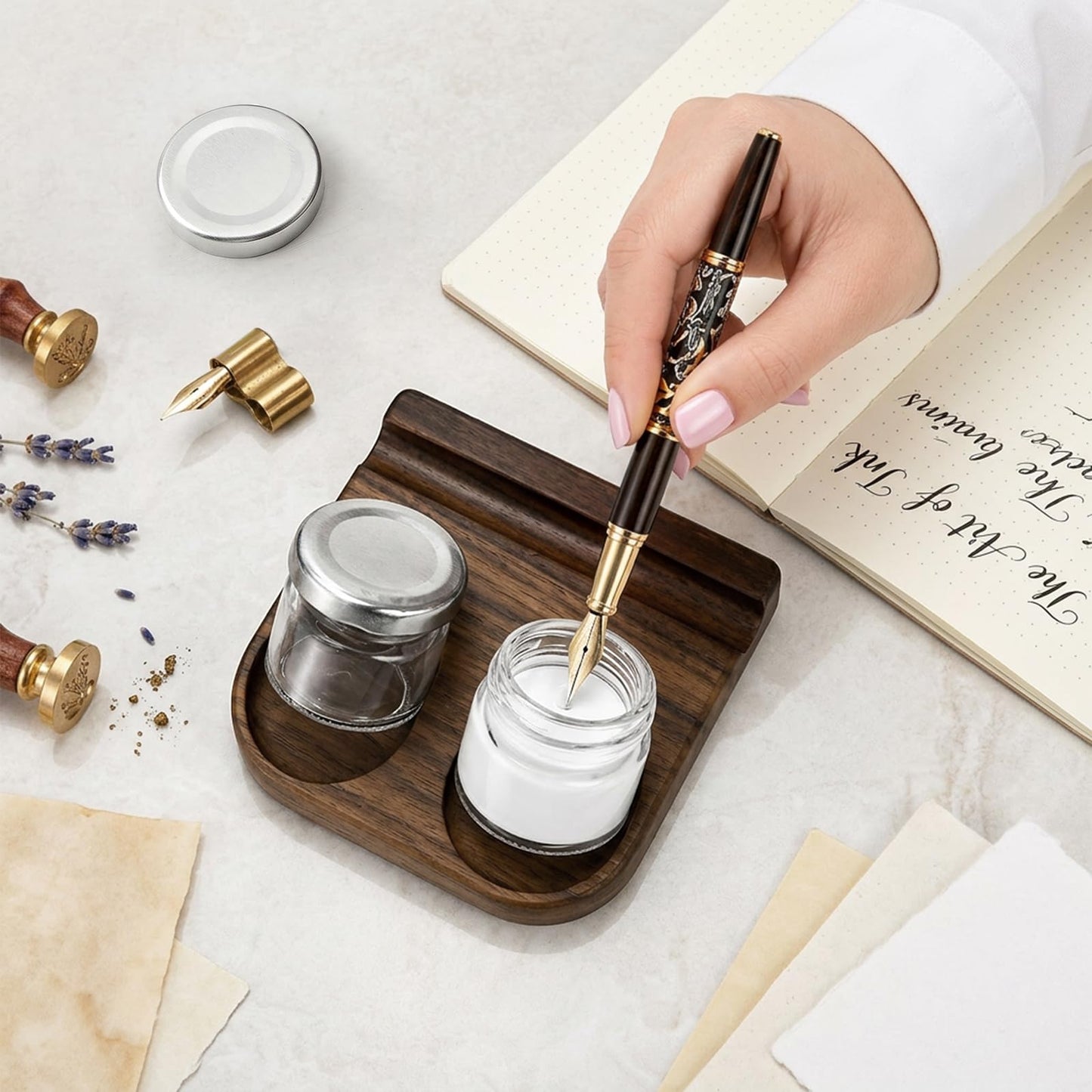 ZOOFOX Wooden Tilting Calligraphy Pen Holder, Brown Wood Ink Well for Dip Pen with Pen Rest and Two Empty Glass Ink Bottle Container, Calligraphy Oblique Nib Holder for Effortless Writing