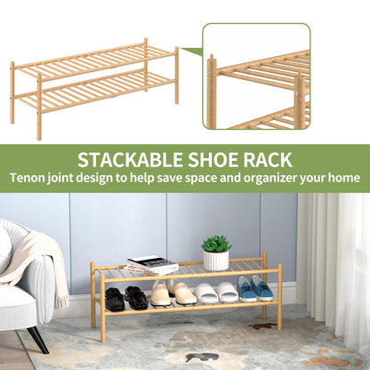 ROMGUAR CRAFT 2-Tier Bamboo Long Shoe Rack, Free Standing Wood Shoe Shelf Storage Organizer for Closet Entryway Stackable 35"x11"x13" (Natural)