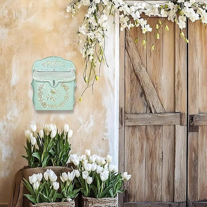 Mailbox Wall Mount Mailboxes for Outside Vintage Mail Boxes for House Outside Metal Drop Box Antique Style Nostalgic Charm Home Decorative, Bird Pattern, Green