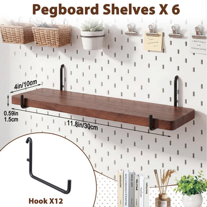 Novabright 6 Pcs Walnut Color Pegboard Shelves Set with Metal Brackets Hooks 11.8 x 4'' Wall Wooden Pegboard Shelving Heavy Duty Accessories for Crafts Office Garage, Compatible with IKEA Skadis
