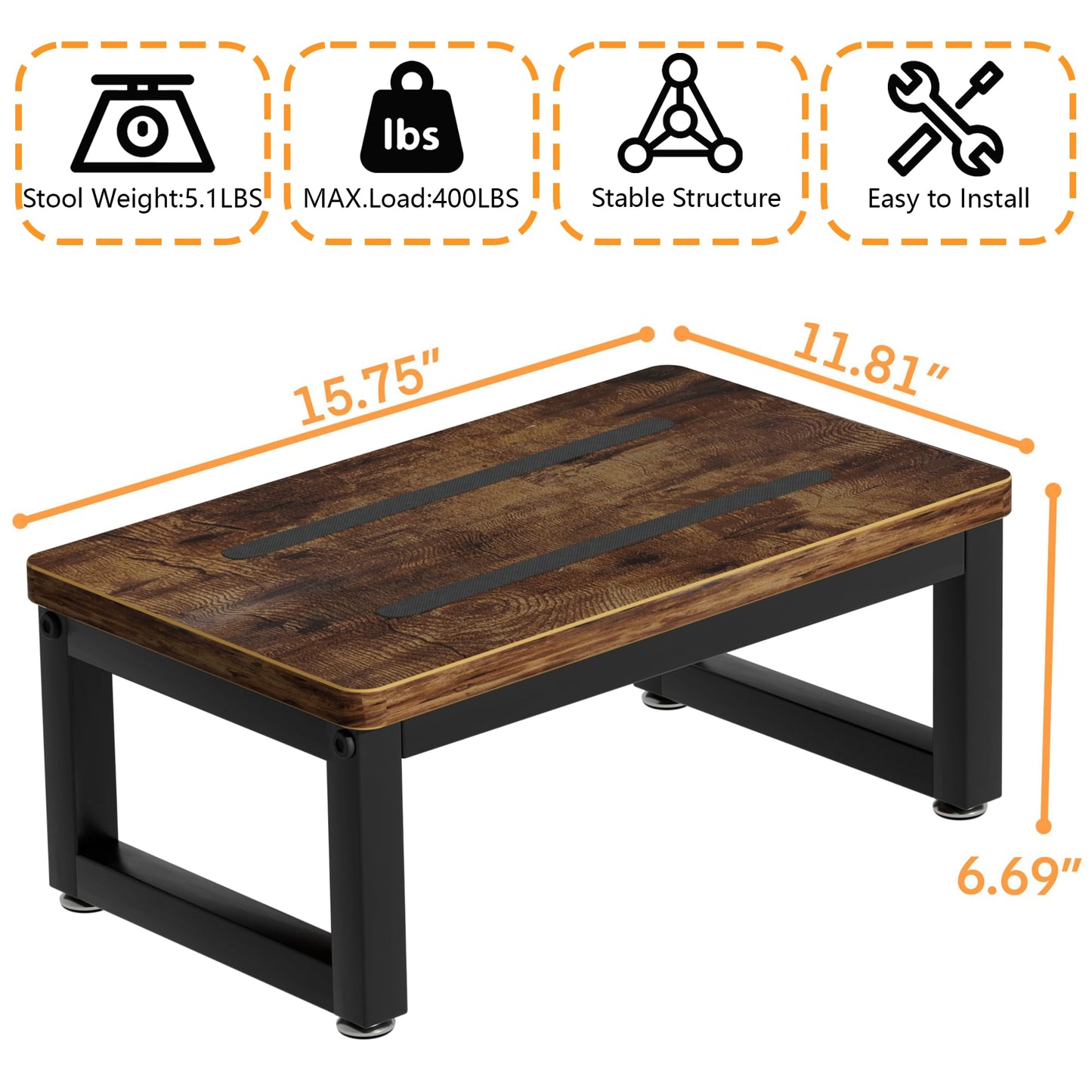 Wooden Step Stools with Anti Slip Pat for Adult, Heavy Duty Bedside Foot Stools with 400-LBS Capacity for High Beds, 7" Tall Bed Steps for Bedroom Kitchen Bathroom, Rustic Brown