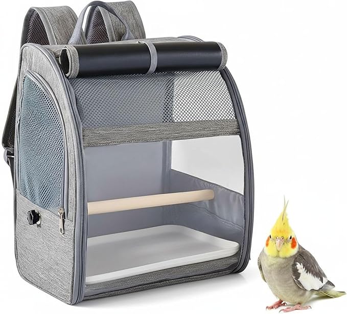 Bird Backpack Carrier, Gray Pet Travel Cage, Mesh Window, Large Space for Cockatiels and Pigeons, Portable with Removable Perch & Tray, 12.2 X 9.6 X 15 in