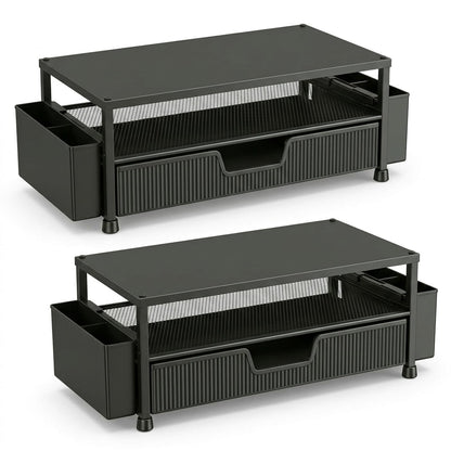 ECOLOVI Desk Organizer and Accessories, 2-Tier Computer Monitor Stand Rise with Storage Drawer & 2 Pen Holders, Laptop & Printer Stand for Desktop, Workspace Organizers for Office Supplies (Black 2-Pack))