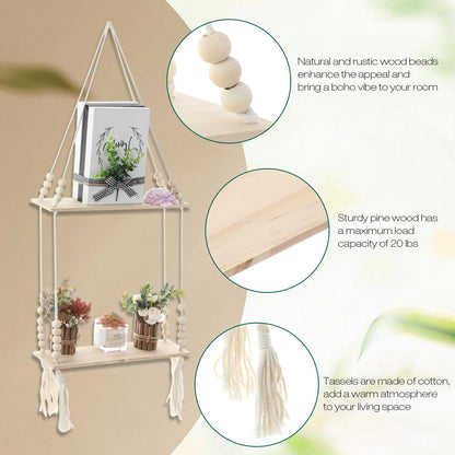 Chunful 2 Pack Macrame Wall Hanging Shelf 2-Tier Boho Wooden Display Floating Shelf Wooden Rustic Plant Rope Hanger Rack with Beads and Tassel for Wall Decor Bedroom Dorm Nursery Living Room Bathroom