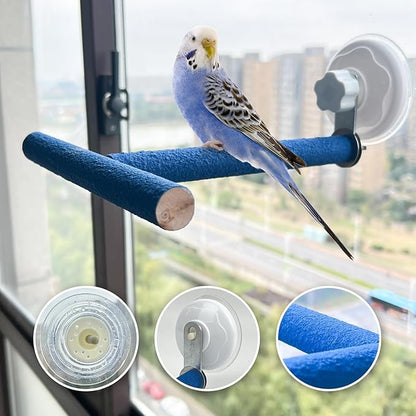 FlidRunest Movable Bird Perch Stand with Suction Cup for Window/Mirror/Car/Shower, Quartz Sands Wood Bird Training Perch Stand for Parrot Parakeet Cockatiel Conure Budgie Lovebird