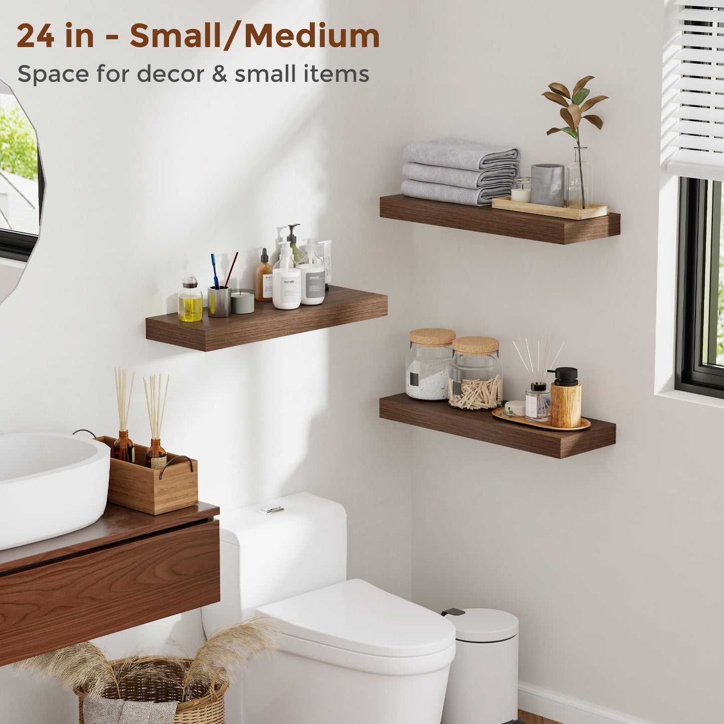Heimlove 36 Inch Floating Shelves for Wall 8 Inch Deep Walnut Shelves Set of 2,Wall Mounted Rustic Wood Long Floating Shelf with Invisible Brackets for Bedroom Kitchen Living Room