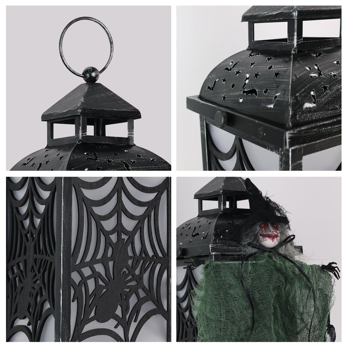 DECORKEY Halloween Decorations Indoor, 14.7" Spider Web Candle Glitter Lantern with LED Lights (8 Modes), Hanging Halloween Lanterns with Witch, Outdoor Home Room Table Party Hocus Pocus Decor