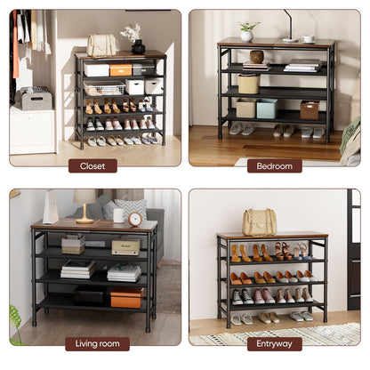 Mavivegue 4-Tier Metal Shoe Rack, Shoe Storage Organizer with Non-Woven Fabrics Shelves and Wooden Top Board, Entryway Shoe Stand for Closet Bedroom Living Room Garage, Black & Rustic Brown