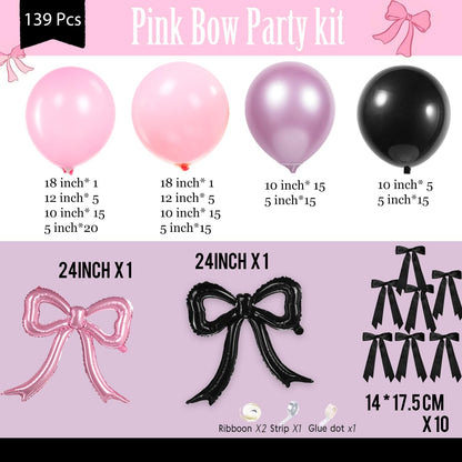 coquette birthday decorations 150pcs balloon garland arch kit with metallic purple pink black bow cake topper ribbon bow tie and mylar foil balloons for girls bachelorette party decorations