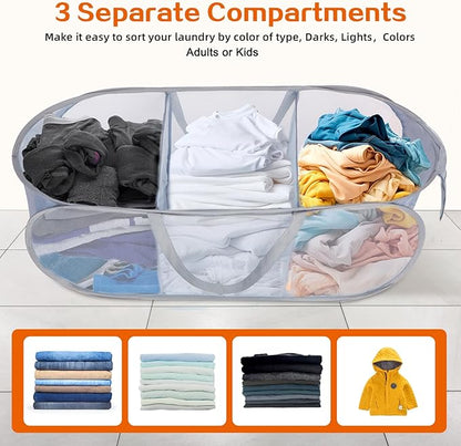 Durable Collapsible Foldable Pop Up Laundry Hamper, Sturdy 3 Compartments