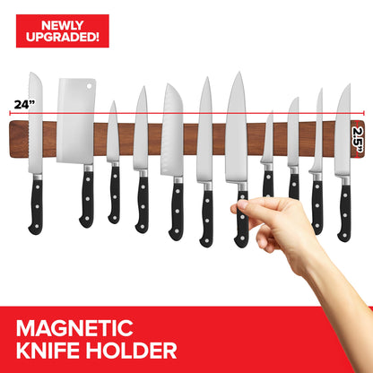 24 Inch Acacia Wood Magnetic Knife Holder with Multipurpose Use, Magnetic Knife Holders for Kitchen, Wooden Knife Rack, Magnet Strips for Knives & Metal Utensils, Tool Holder, Art Supply Organizer
