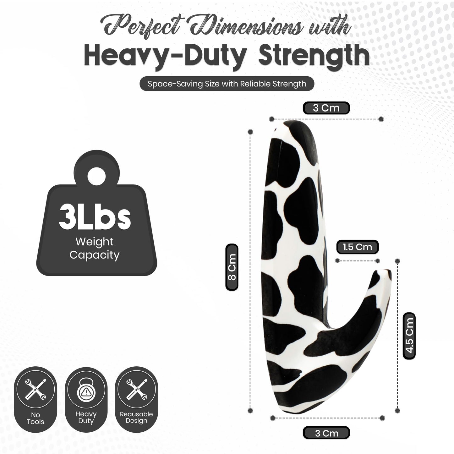 WallCandy Adhesive Stick-on wall Hanging Hook | Pack of 3 Self Adhesive Wall Hooks with Heavy Duty Sticky Strips that Hold Up to 3lbs, Easy to Install Hanging Hook, Bathroom & Kitchen (Cow Print)
