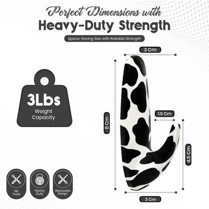 WallCandy Adhesive Stick-on wall Hanging Hook | Pack of 3 Self Adhesive Wall Hooks with Heavy Duty Sticky Strips that Hold Up to 3lbs, Easy to Install Hanging Hook, Bathroom & Kitchen (Cow Print)