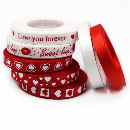 SCECALA 7 Rolls Red Ribbon (35 Yards Total) - Gold Foil Stamped Love You Forever Polyester Heart White Ribbon 0.63" for Gift Wrapping, Flower Bouquets, DIY Crafts, Party Decorations