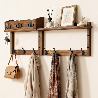 Dellicasi 28" Coat Rack Wall Mount with Shelf, Entryway Key Holder Wall Mount Wood Wall Coat Hooks with 7 Hooks 3 Key Hanger, Wall Mounted Coat Rack Mail Holder for Living Room, Bedroom