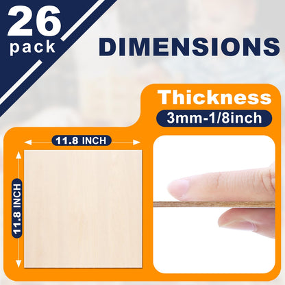 Yalumo Basswood Sheets 12 x 12 x 1/8 Inch, 26 Packs Plywood Sheets Unfinished Wood for Crafts 3mm Thick Basswood for Laser Cutting, DIY Architectural Models, Engraving, Wood Burning, Painting