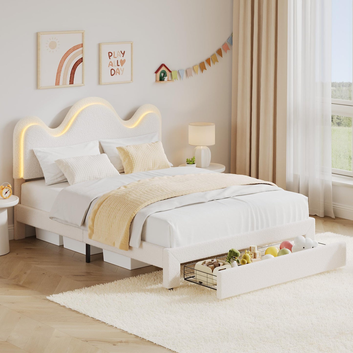 GarveeHome Full Bed Frame with Adjustable Headboard and Storage Drawer, Boucle Upholstered Platform Bed with LED Light for Kids, Lamb Fleece Fabric, Wooden Slats Support, No Box Spring Needed, White